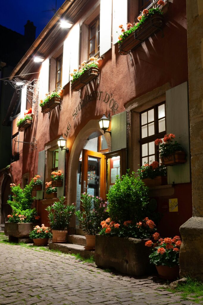 Captivating nighttime view of a flower-adorned building in Riquewihr, France, capturing the charm of the town's streets.